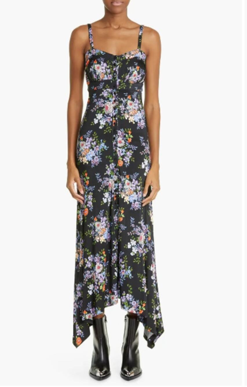 PACO RABANNE Midi Dress FR 44 US 12 Black Floral Print Asymmetric Button-Up NWT